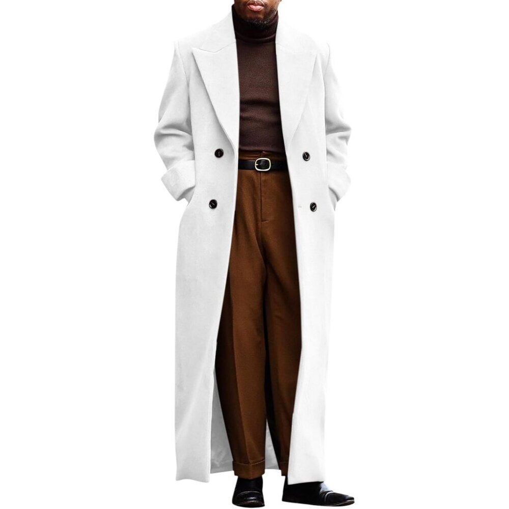 Men's White Full Length Trench Coat Notched Lapel Long Jacket Double Breasted